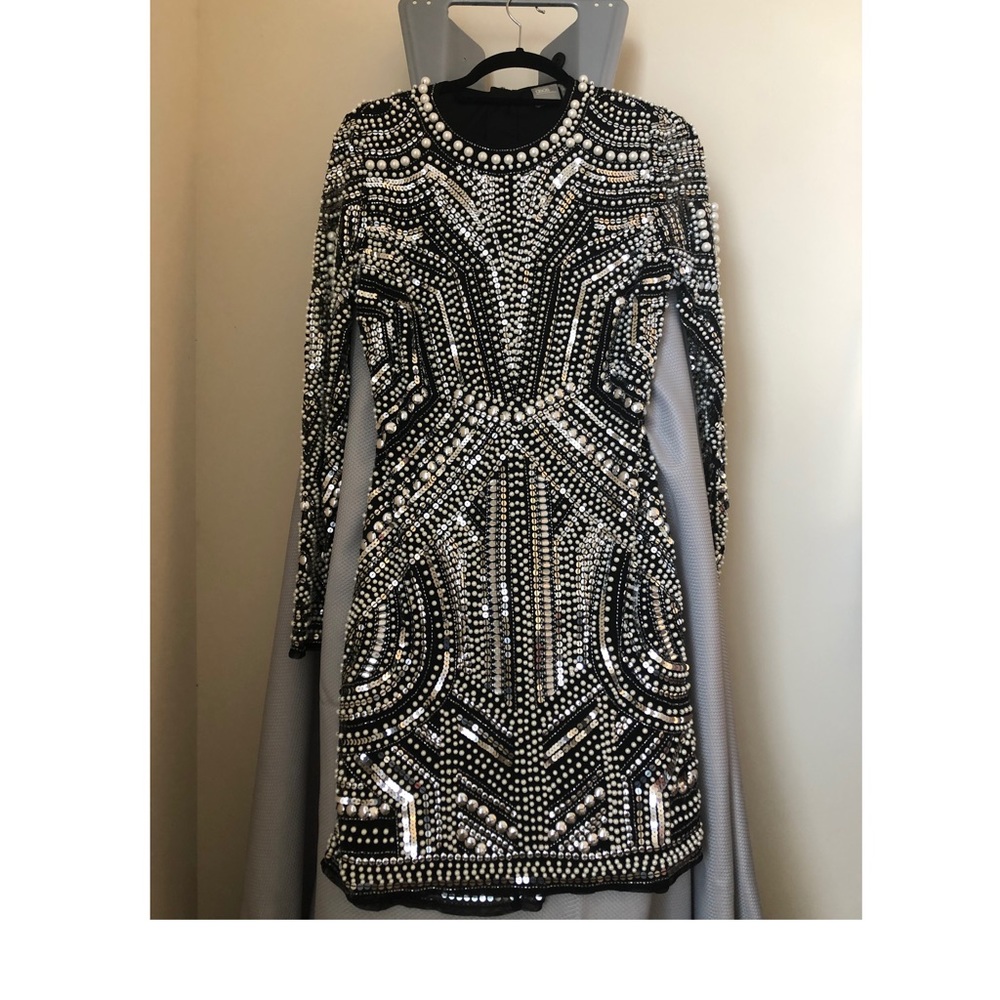 Black ASOS sequin and pearl dress w/cut out back
